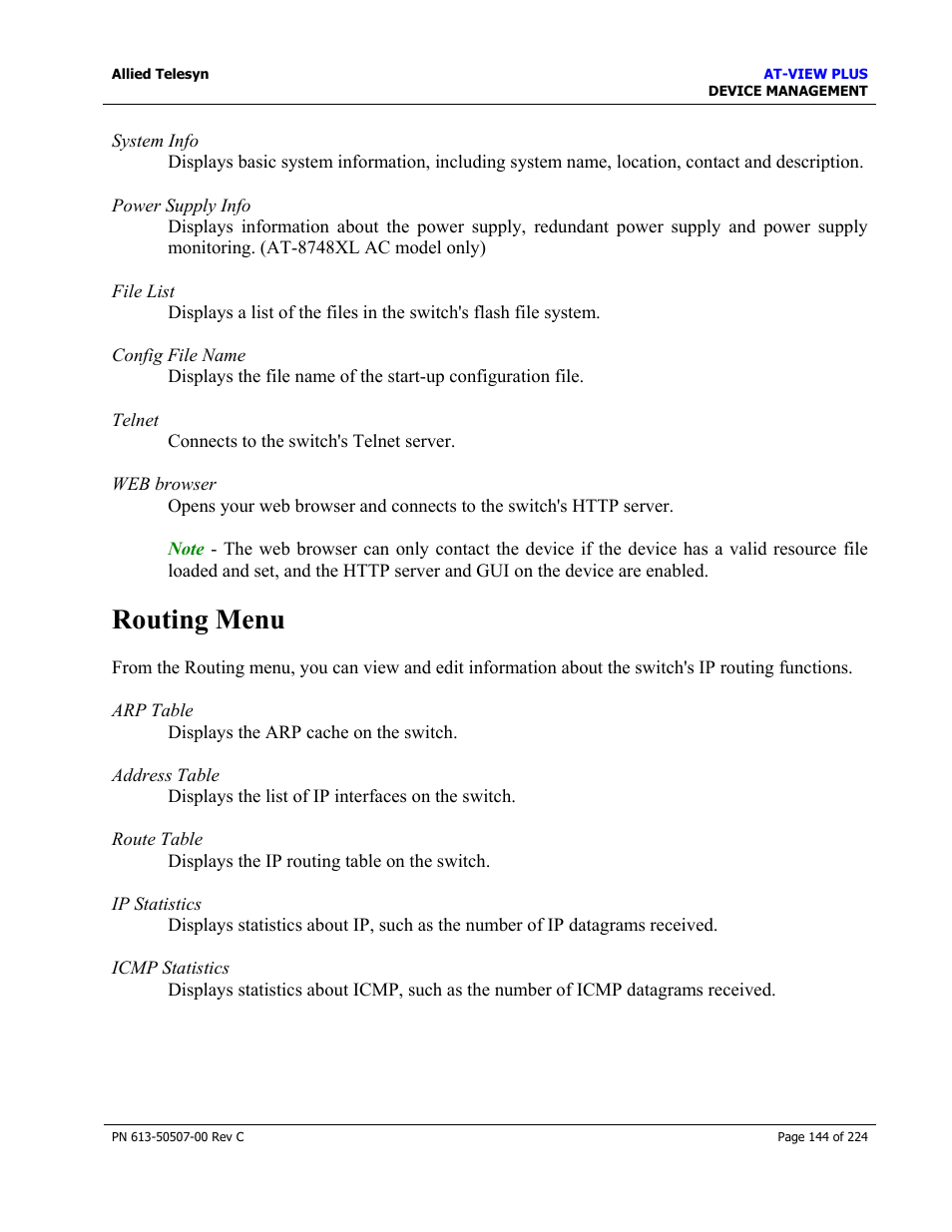 Routing menu | Allied Telesis AT-VIEW PLUS 2.3 DEVICE MANAGEMENT User Manual | Page 144 / 224