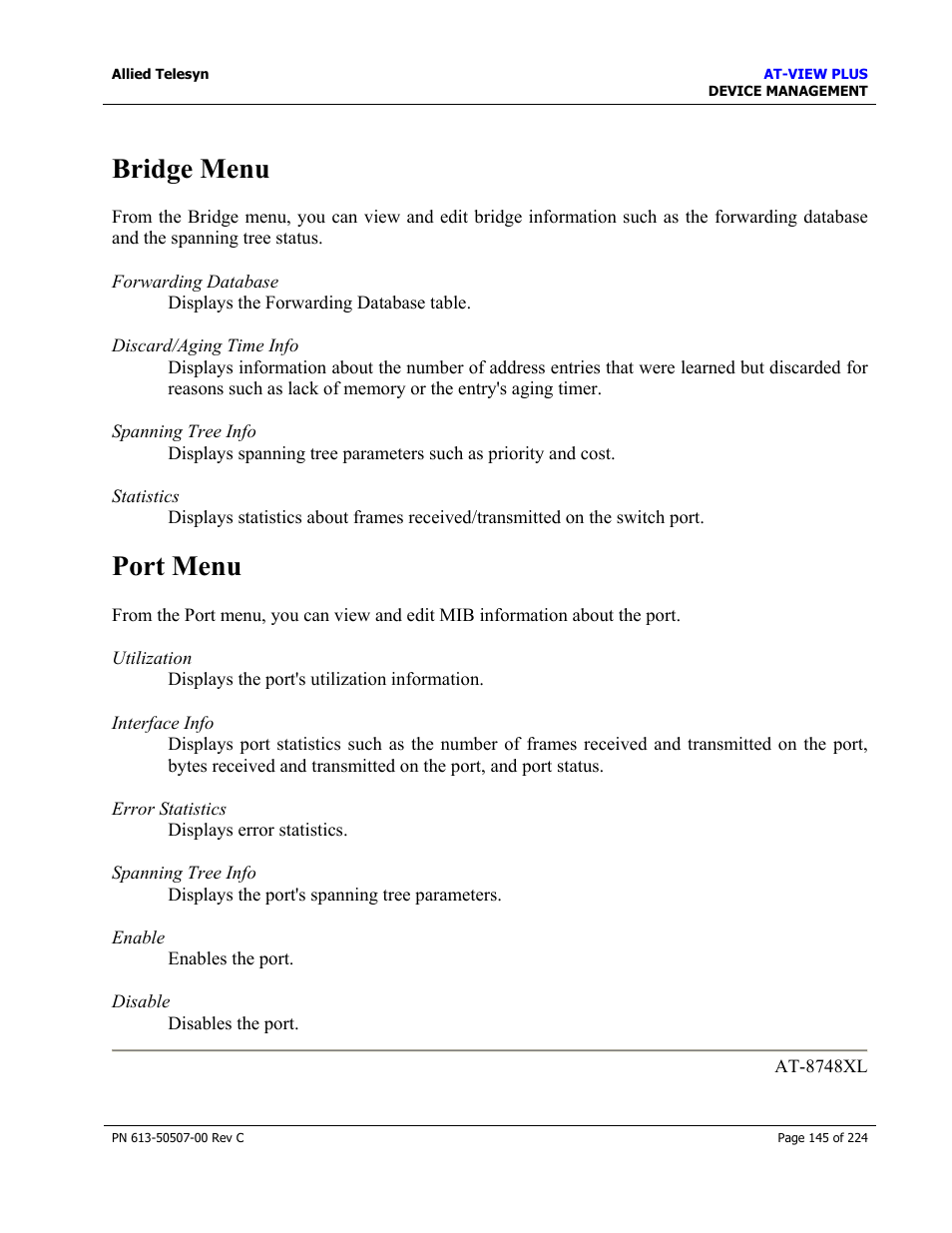 Bridge menu, Port menu | Allied Telesis AT-VIEW PLUS 2.3 DEVICE MANAGEMENT User Manual | Page 145 / 224