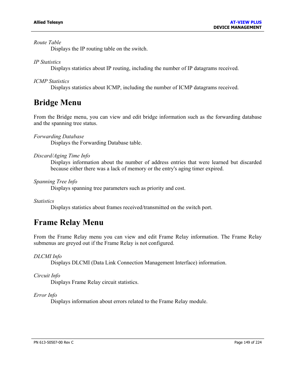 Bridge menu, Frame relay menu | Allied Telesis AT-VIEW PLUS 2.3 DEVICE MANAGEMENT User Manual | Page 149 / 224