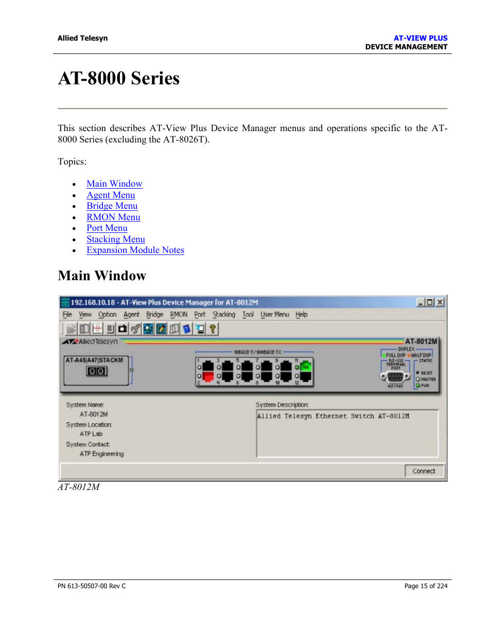 At-8000 series, Main window | Allied Telesis AT-VIEW PLUS 2.3 DEVICE MANAGEMENT User Manual | Page 15 / 224