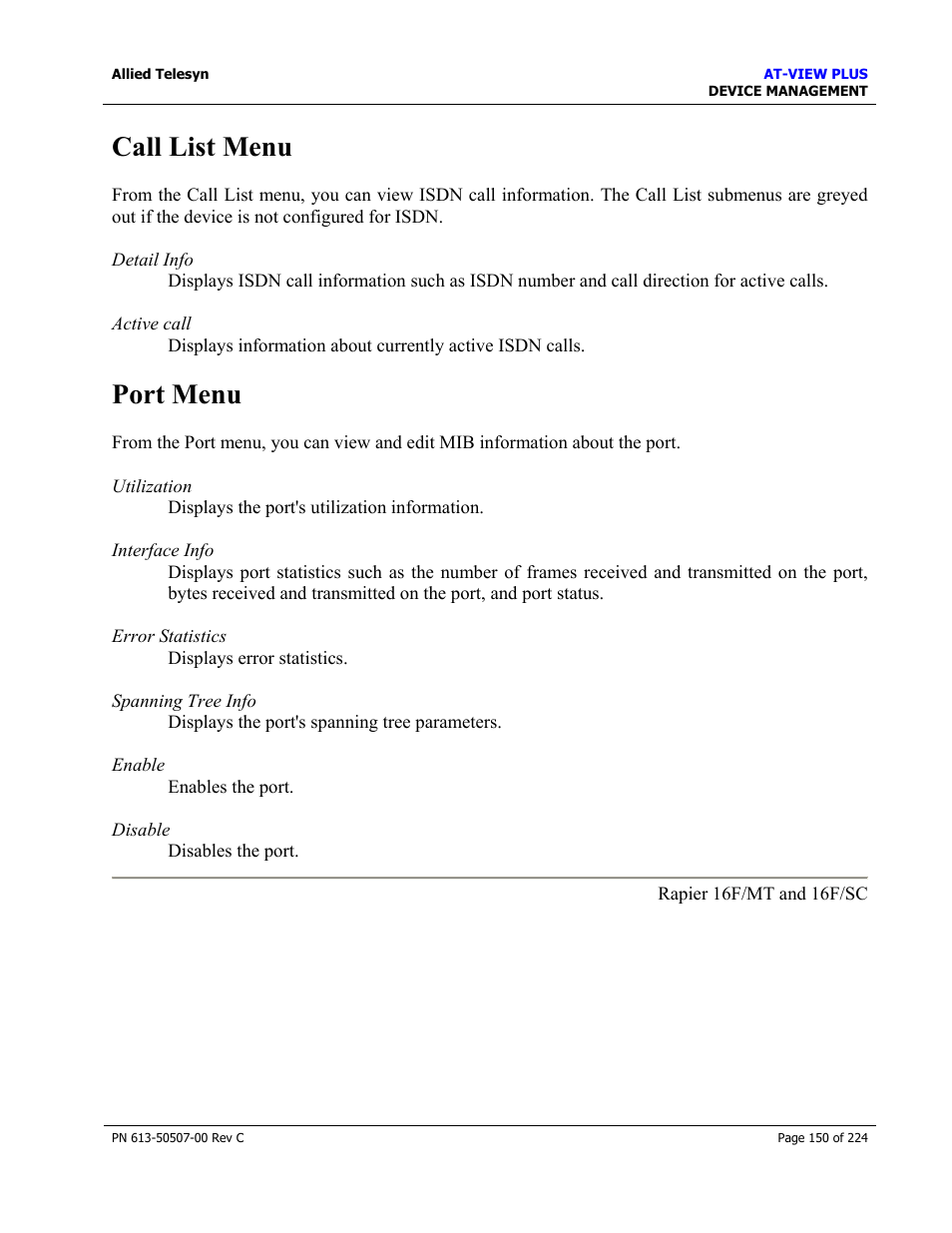 Call list menu, Port menu | Allied Telesis AT-VIEW PLUS 2.3 DEVICE MANAGEMENT User Manual | Page 150 / 224
