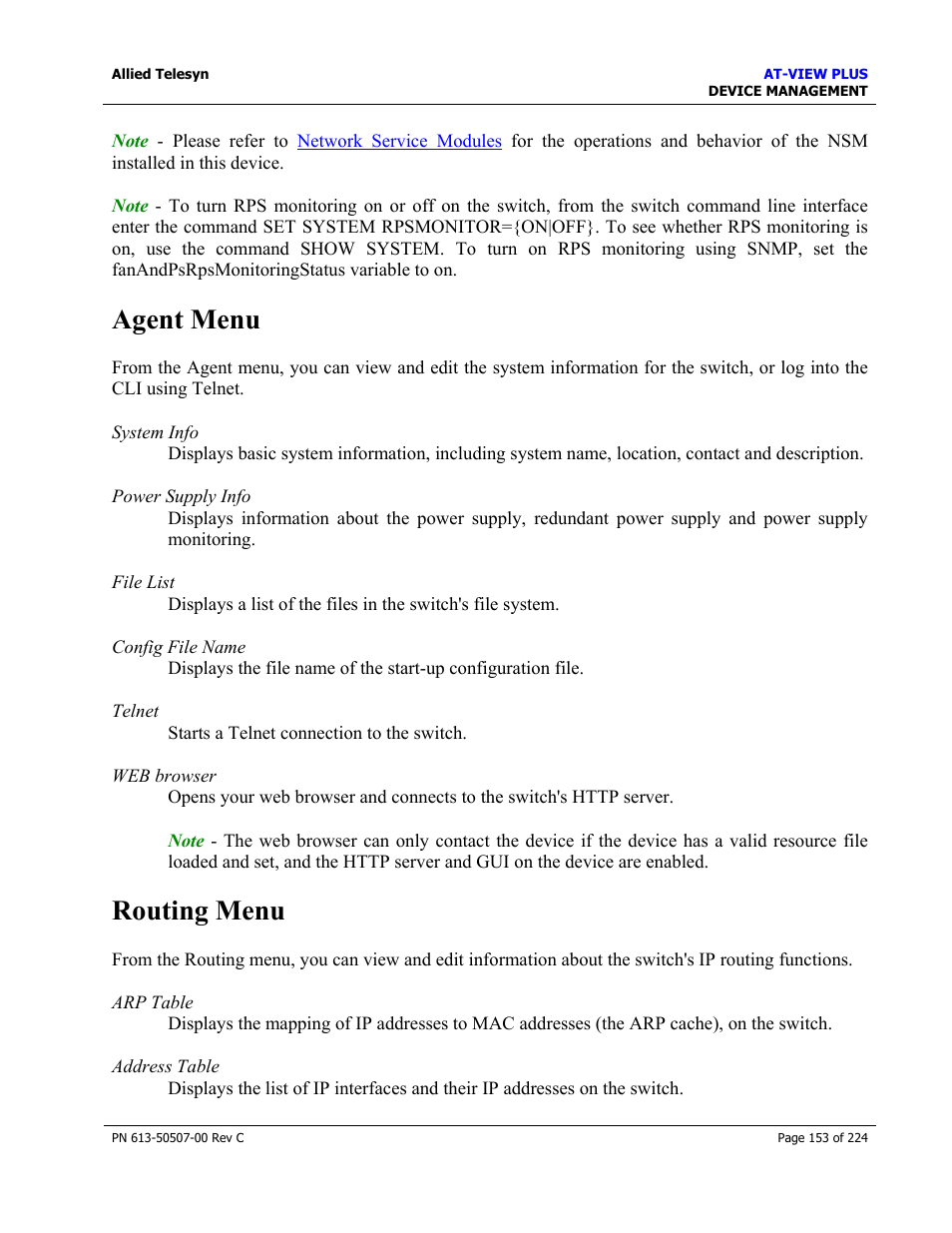 Agent menu, Routing menu | Allied Telesis AT-VIEW PLUS 2.3 DEVICE MANAGEMENT User Manual | Page 153 / 224