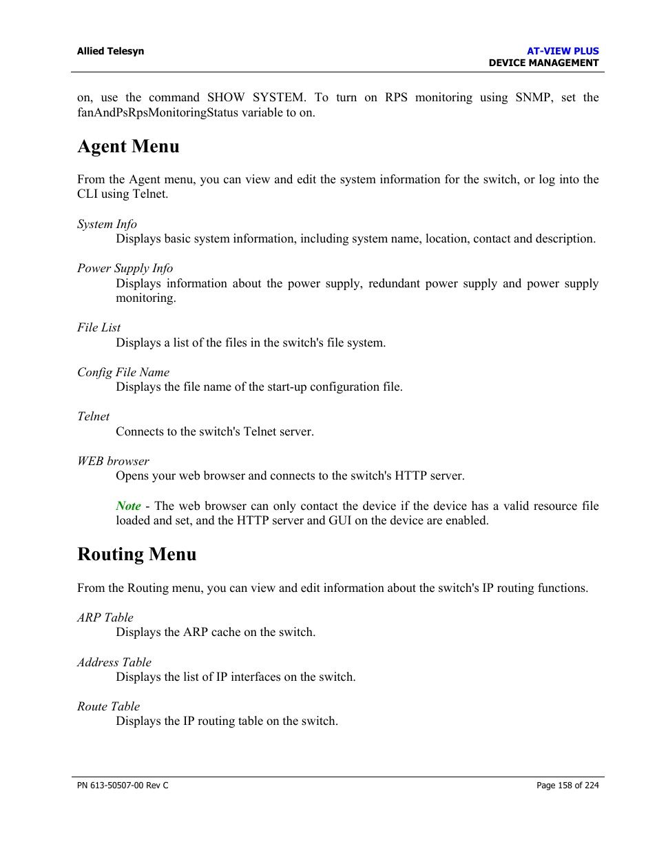 Agent menu, Routing menu | Allied Telesis AT-VIEW PLUS 2.3 DEVICE MANAGEMENT User Manual | Page 158 / 224