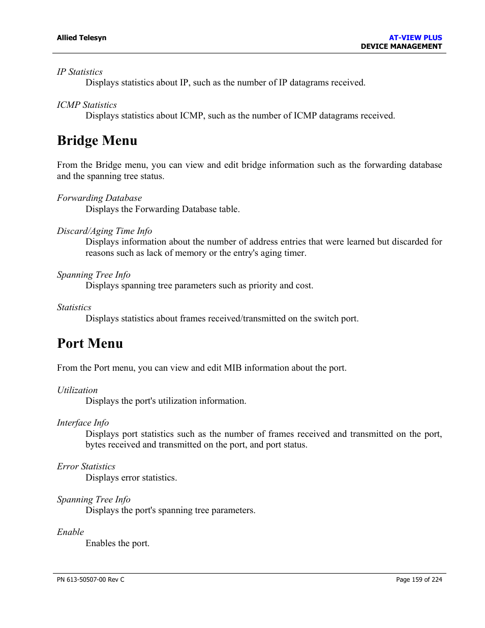 Bridge menu, Port menu | Allied Telesis AT-VIEW PLUS 2.3 DEVICE MANAGEMENT User Manual | Page 159 / 224