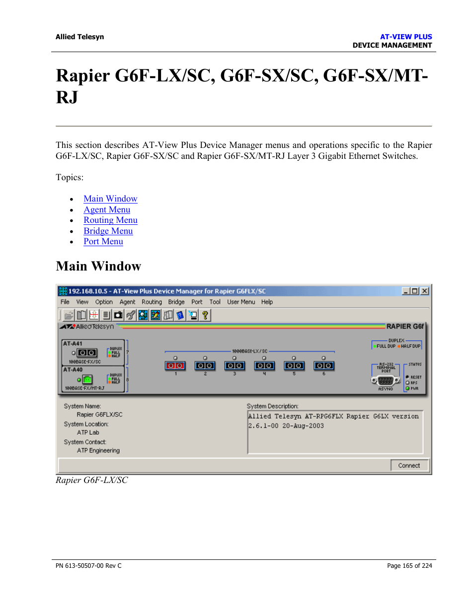 Rapier g6f-lx/sc, g6f-sx/sc, g6f-sx/mt- rj, Main window | Allied Telesis AT-VIEW PLUS 2.3 DEVICE MANAGEMENT User Manual | Page 165 / 224