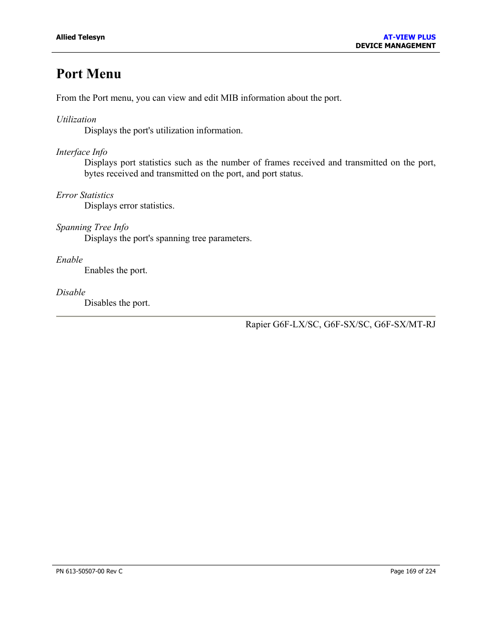 Port menu | Allied Telesis AT-VIEW PLUS 2.3 DEVICE MANAGEMENT User Manual | Page 169 / 224