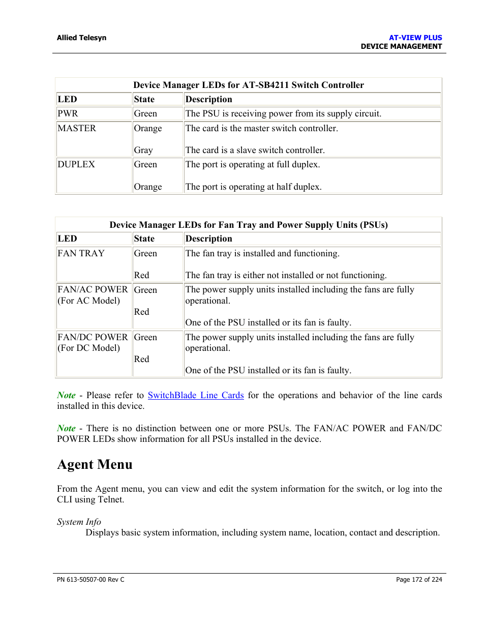 Agent menu | Allied Telesis AT-VIEW PLUS 2.3 DEVICE MANAGEMENT User Manual | Page 172 / 224