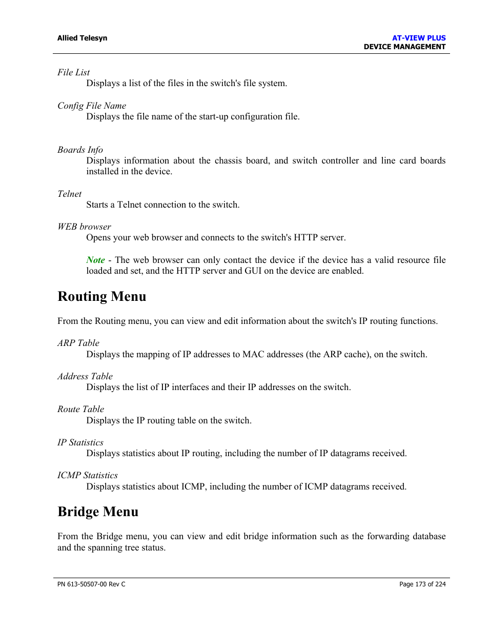 Routing menu, Bridge menu | Allied Telesis AT-VIEW PLUS 2.3 DEVICE MANAGEMENT User Manual | Page 173 / 224