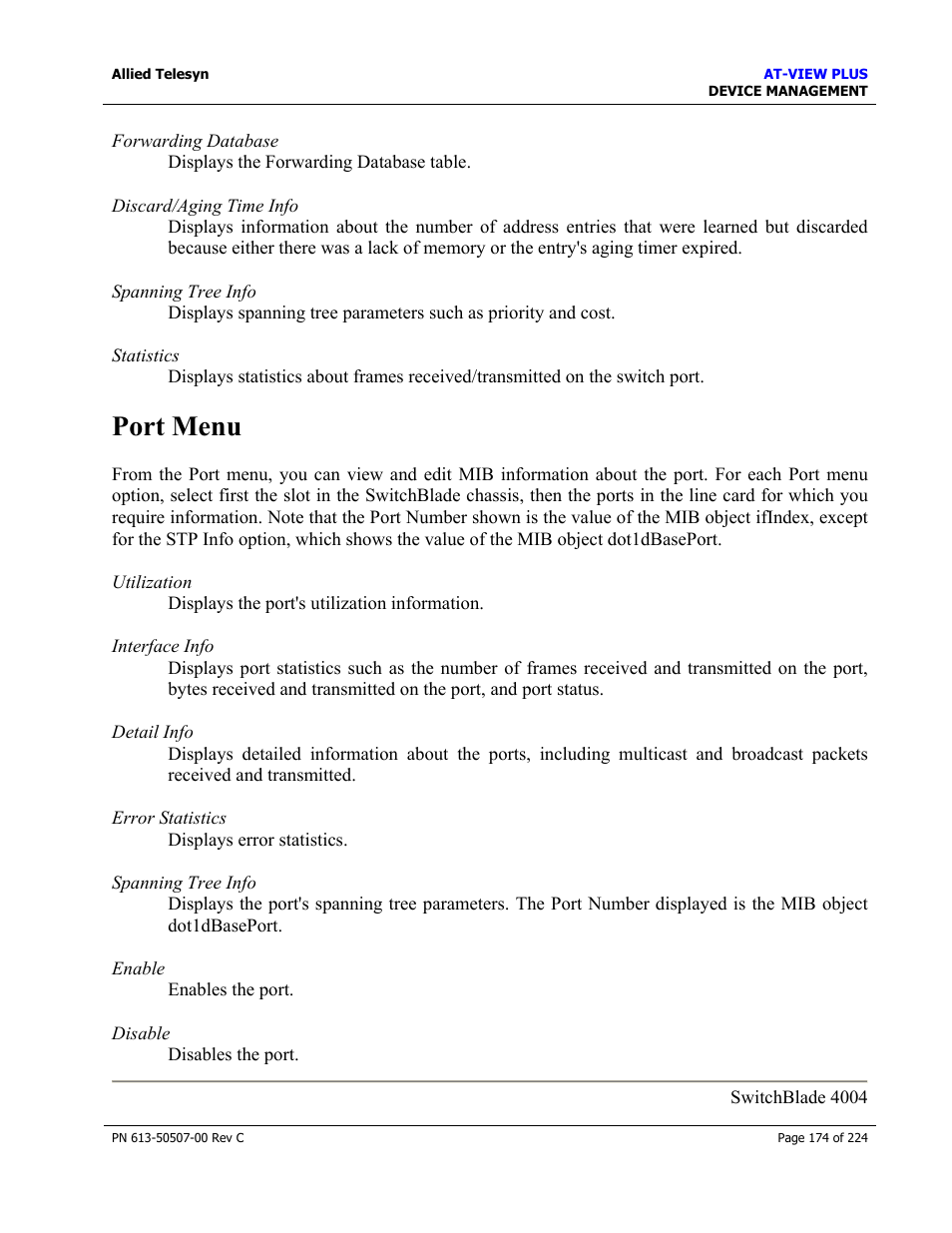 Port menu | Allied Telesis AT-VIEW PLUS 2.3 DEVICE MANAGEMENT User Manual | Page 174 / 224