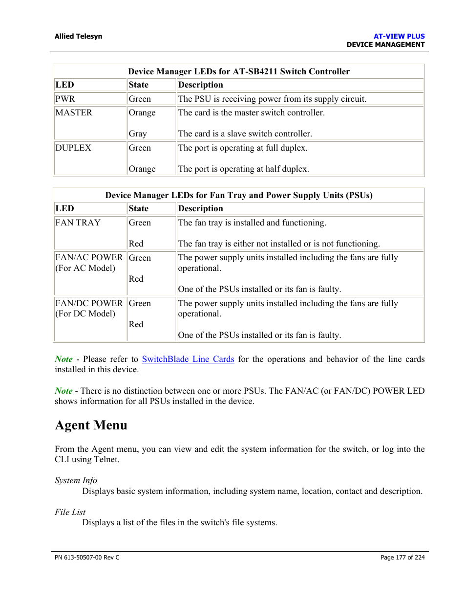 Agent menu | Allied Telesis AT-VIEW PLUS 2.3 DEVICE MANAGEMENT User Manual | Page 177 / 224