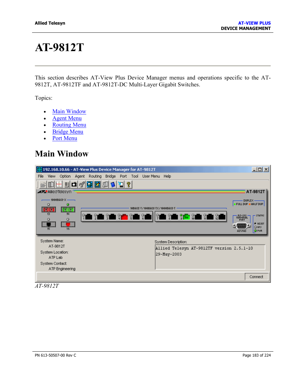 At-9812t, Main window | Allied Telesis AT-VIEW PLUS 2.3 DEVICE MANAGEMENT User Manual | Page 183 / 224