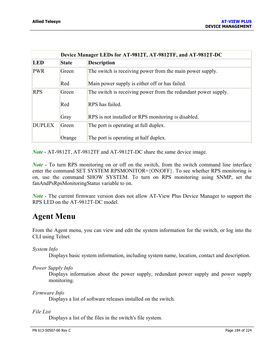 Agent menu | Allied Telesis AT-VIEW PLUS 2.3 DEVICE MANAGEMENT User Manual | Page 184 / 224