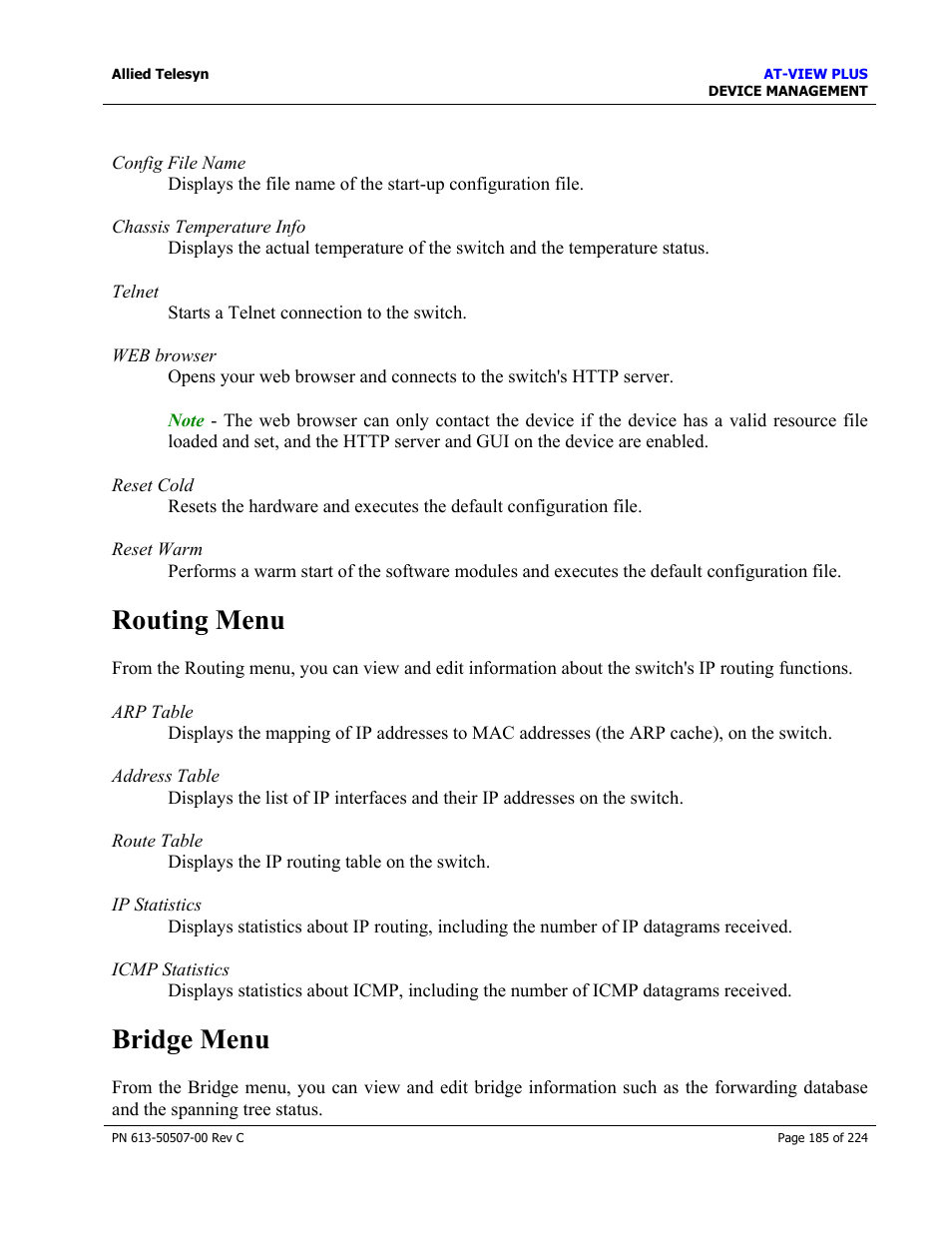 Routing menu, Bridge menu | Allied Telesis AT-VIEW PLUS 2.3 DEVICE MANAGEMENT User Manual | Page 185 / 224