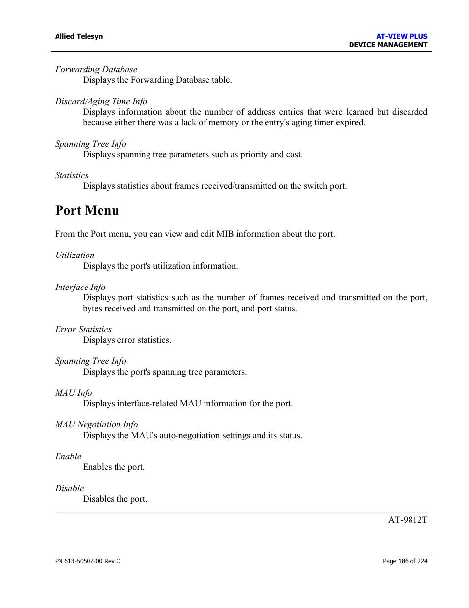 Port menu | Allied Telesis AT-VIEW PLUS 2.3 DEVICE MANAGEMENT User Manual | Page 186 / 224