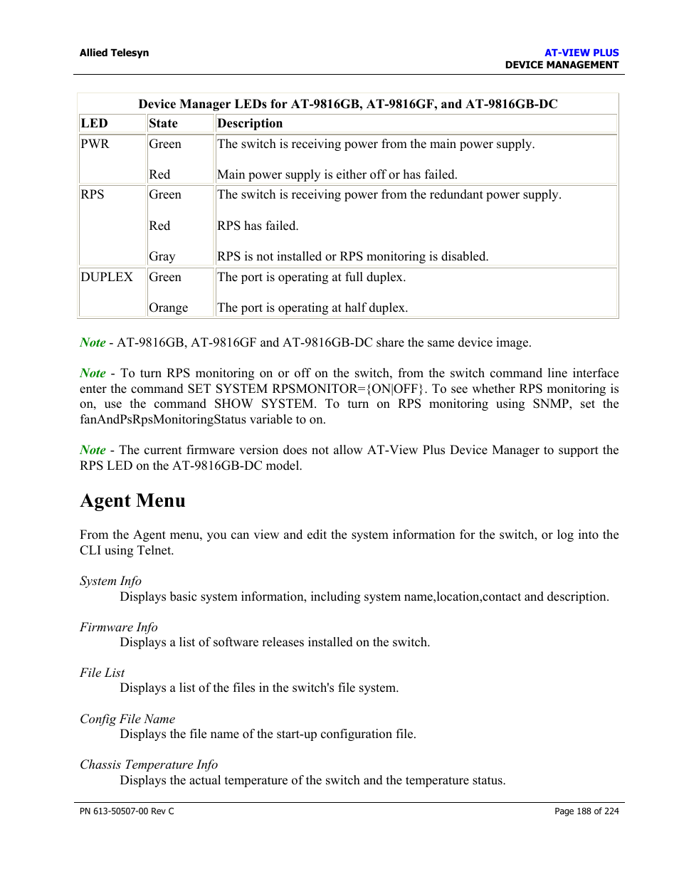 Agent menu | Allied Telesis AT-VIEW PLUS 2.3 DEVICE MANAGEMENT User Manual | Page 188 / 224