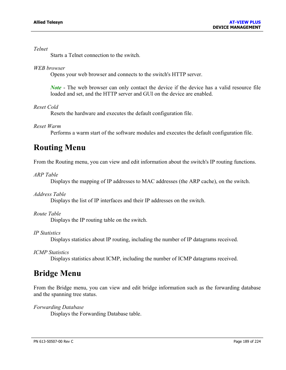 Routing menu, Bridge menu | Allied Telesis AT-VIEW PLUS 2.3 DEVICE MANAGEMENT User Manual | Page 189 / 224