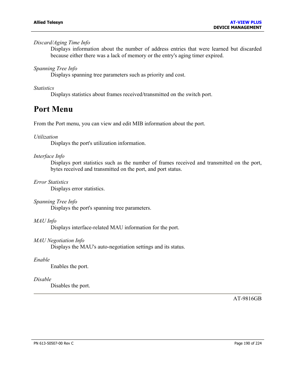 Port menu | Allied Telesis AT-VIEW PLUS 2.3 DEVICE MANAGEMENT User Manual | Page 190 / 224