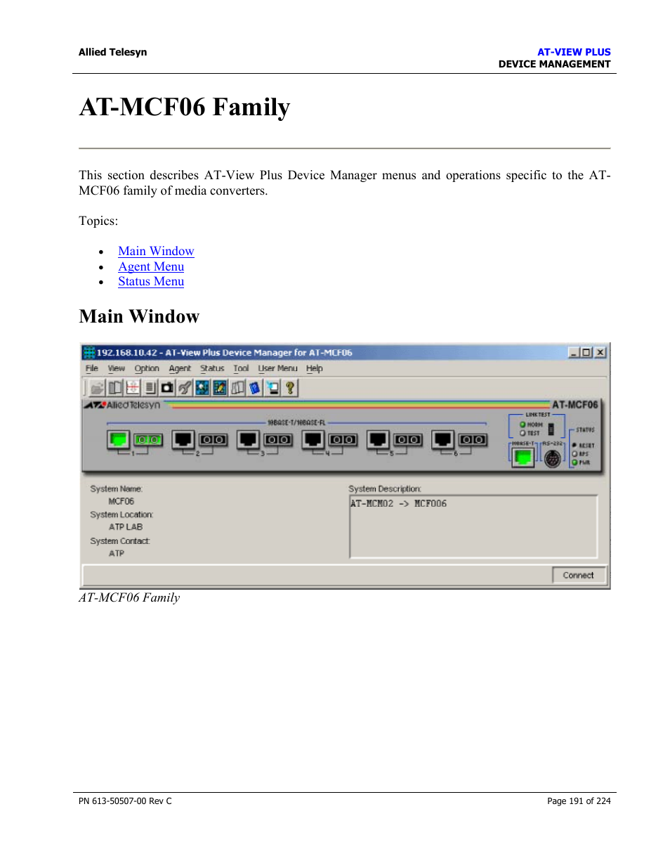 At-mcf06 family, Main window | Allied Telesis AT-VIEW PLUS 2.3 DEVICE MANAGEMENT User Manual | Page 191 / 224