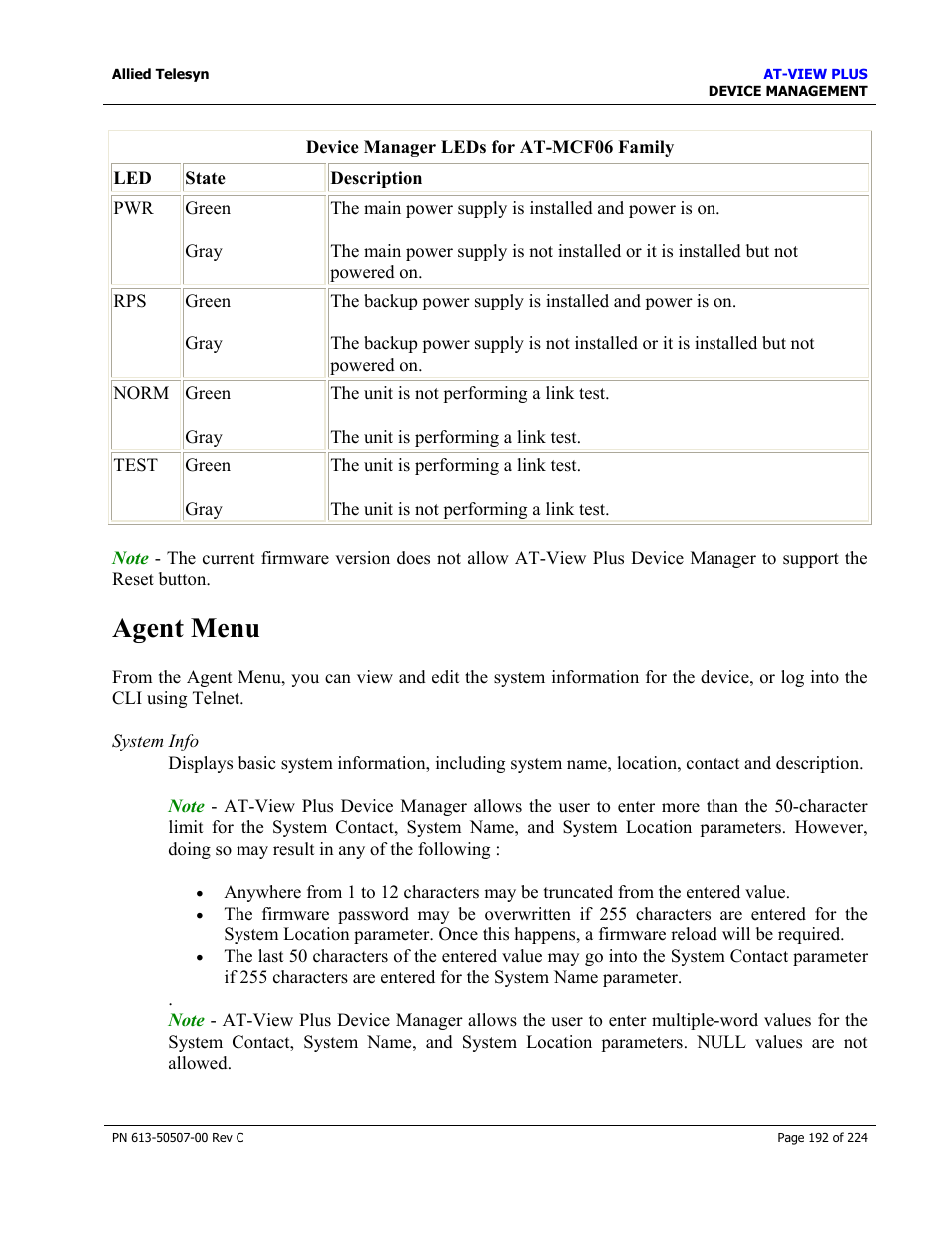 Agent menu | Allied Telesis AT-VIEW PLUS 2.3 DEVICE MANAGEMENT User Manual | Page 192 / 224