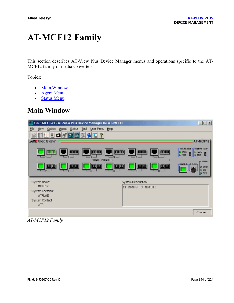 At-mcf12 family, Main window | Allied Telesis AT-VIEW PLUS 2.3 DEVICE MANAGEMENT User Manual | Page 194 / 224