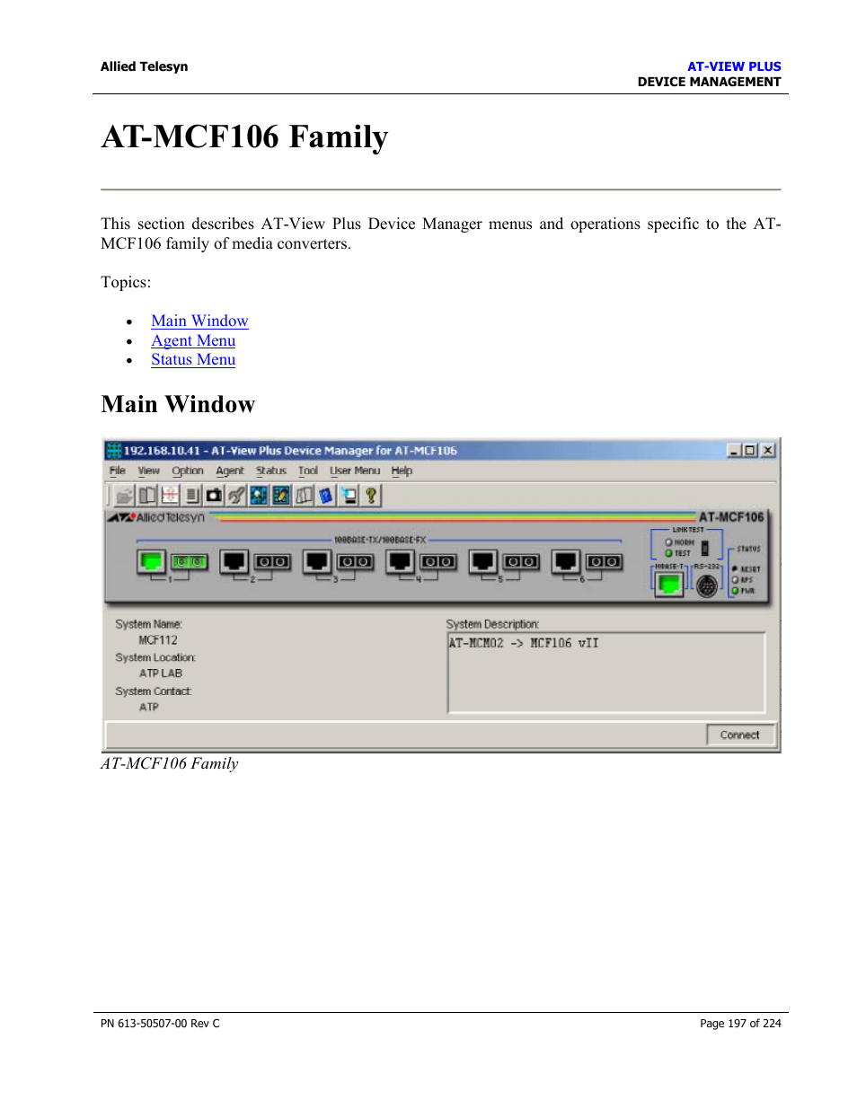 At-mcf106 family, Main window | Allied Telesis AT-VIEW PLUS 2.3 DEVICE MANAGEMENT User Manual | Page 197 / 224