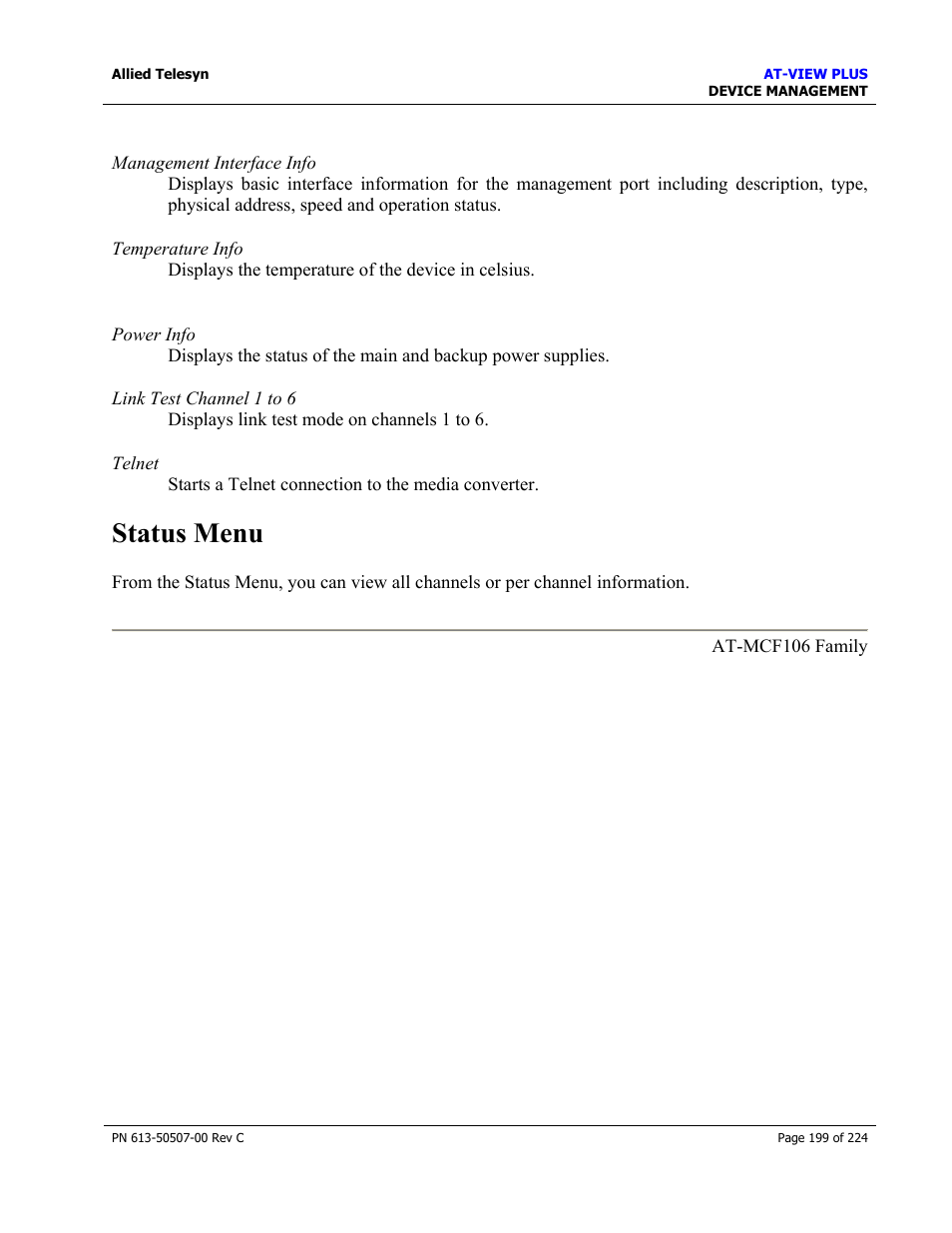 Status menu | Allied Telesis AT-VIEW PLUS 2.3 DEVICE MANAGEMENT User Manual | Page 199 / 224