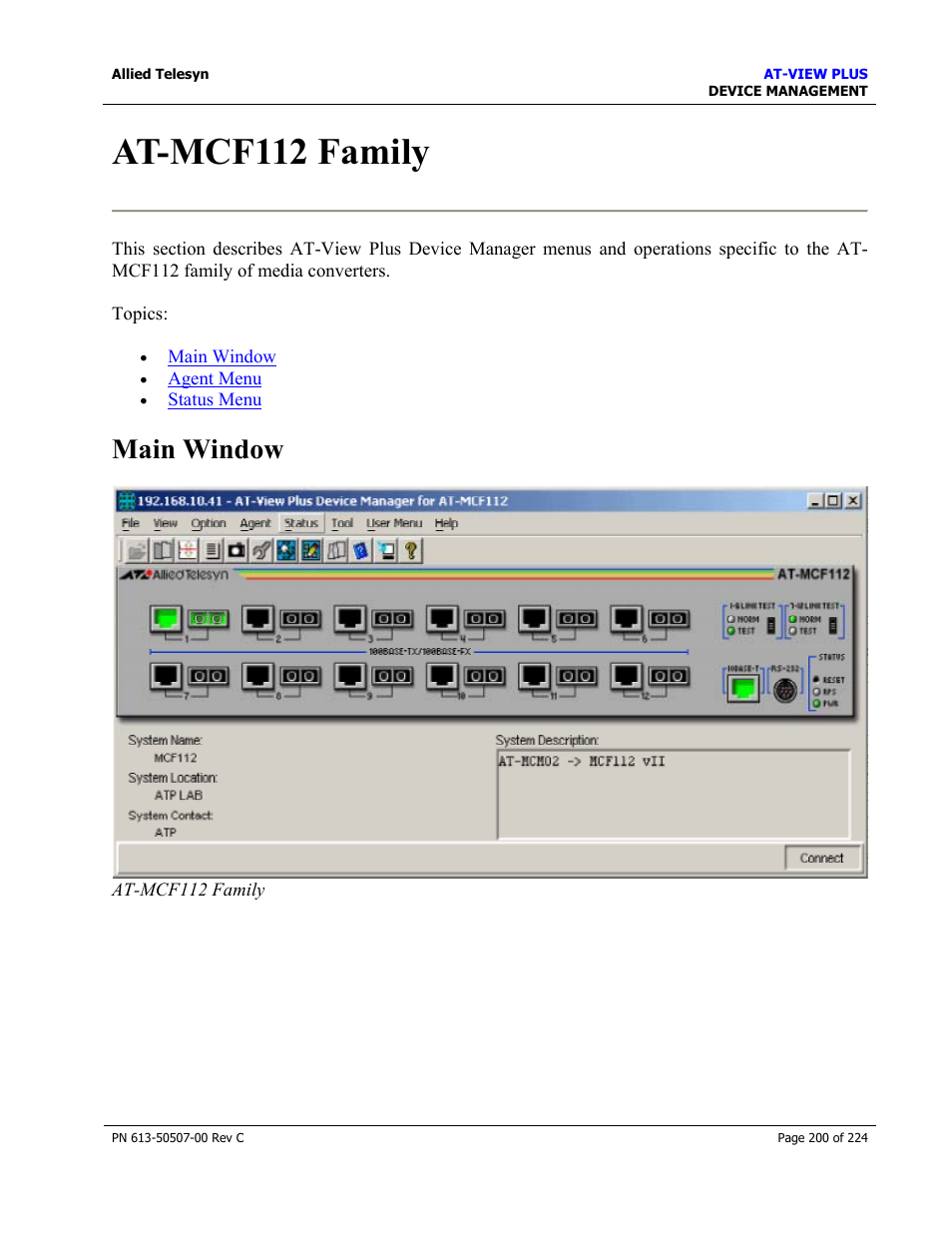 At-mcf112 family, Main window | Allied Telesis AT-VIEW PLUS 2.3 DEVICE MANAGEMENT User Manual | Page 200 / 224