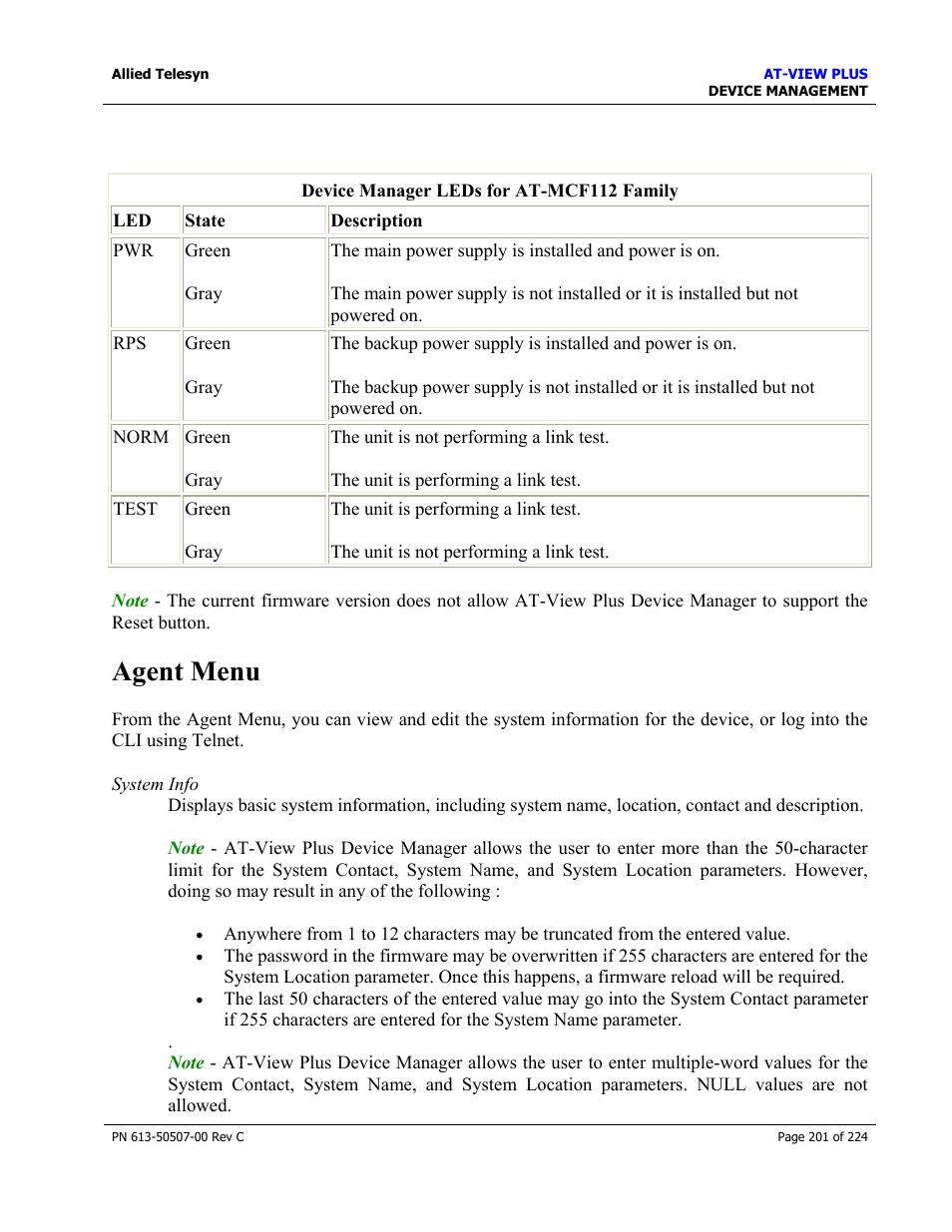 Agent menu | Allied Telesis AT-VIEW PLUS 2.3 DEVICE MANAGEMENT User Manual | Page 201 / 224