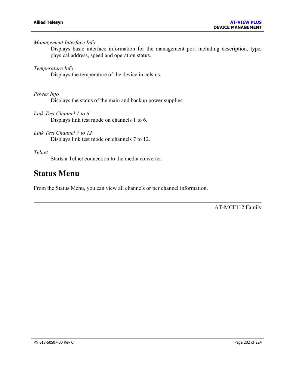 Status menu | Allied Telesis AT-VIEW PLUS 2.3 DEVICE MANAGEMENT User Manual | Page 202 / 224