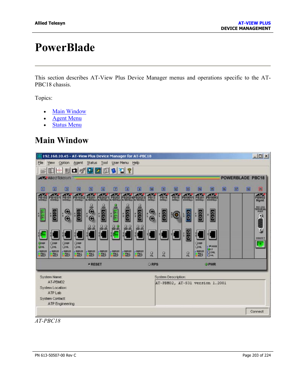 Powerblade, Main window | Allied Telesis AT-VIEW PLUS 2.3 DEVICE MANAGEMENT User Manual | Page 203 / 224