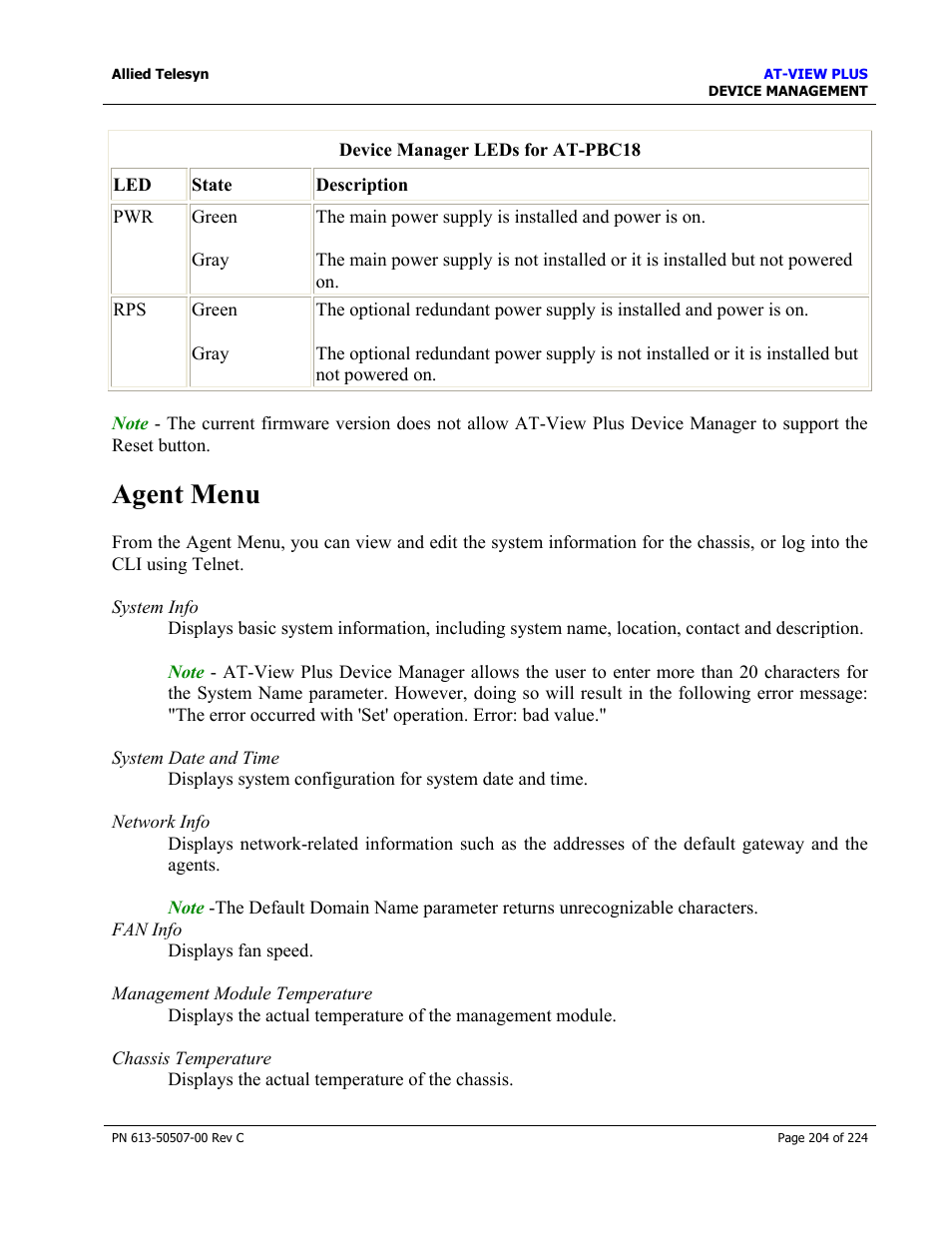 Agent menu | Allied Telesis AT-VIEW PLUS 2.3 DEVICE MANAGEMENT User Manual | Page 204 / 224