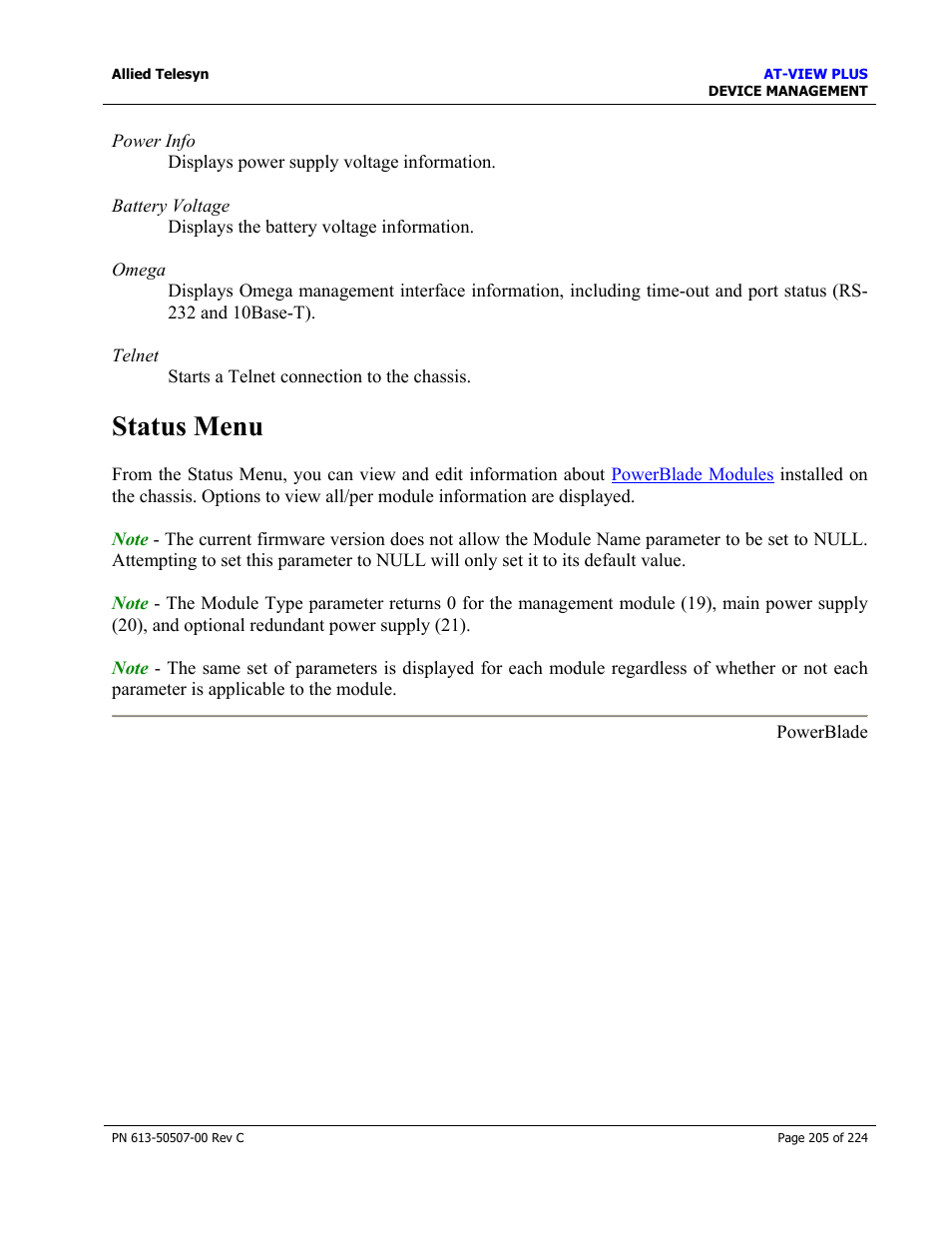 Status menu | Allied Telesis AT-VIEW PLUS 2.3 DEVICE MANAGEMENT User Manual | Page 205 / 224