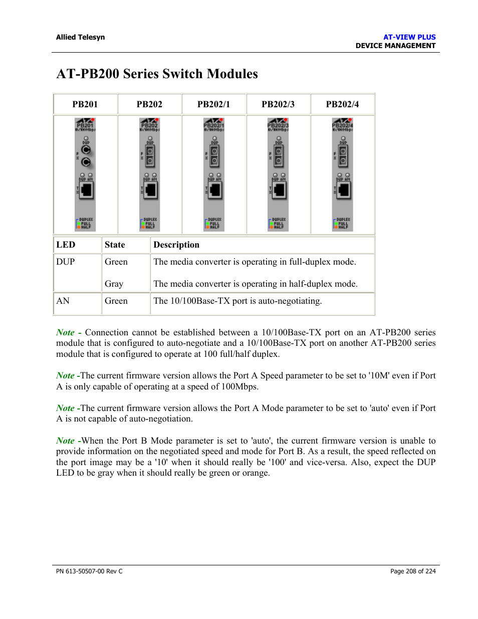 At-pb200 series switch modules | Allied Telesis AT-VIEW PLUS 2.3 DEVICE MANAGEMENT User Manual | Page 208 / 224
