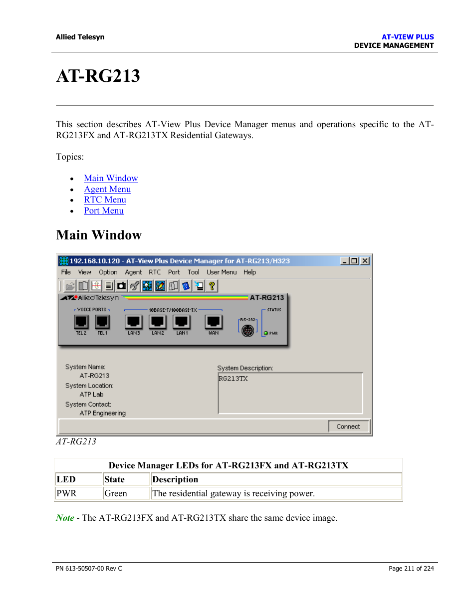 At-rg213, Main window | Allied Telesis AT-VIEW PLUS 2.3 DEVICE MANAGEMENT User Manual | Page 211 / 224