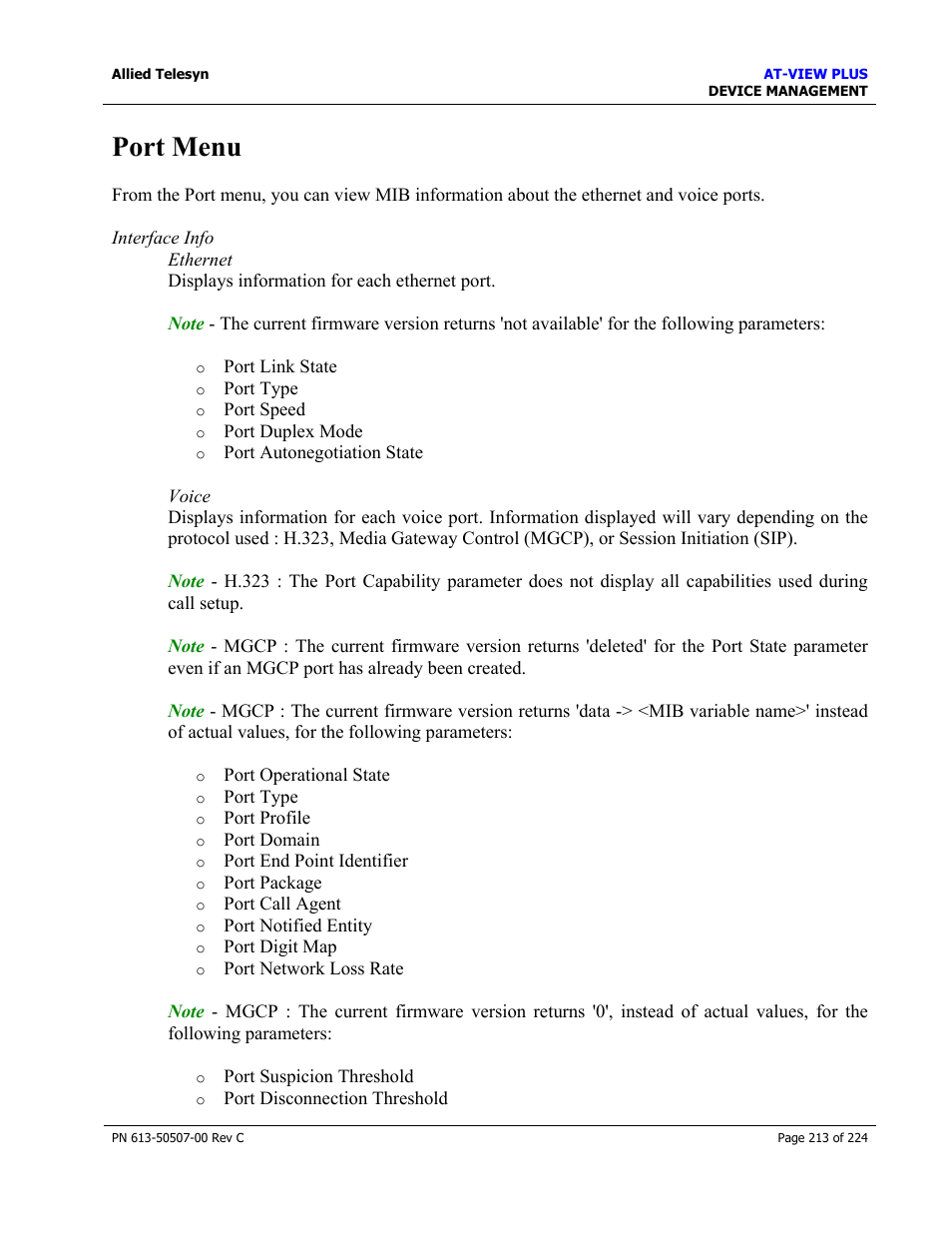 Port menu | Allied Telesis AT-VIEW PLUS 2.3 DEVICE MANAGEMENT User Manual | Page 213 / 224