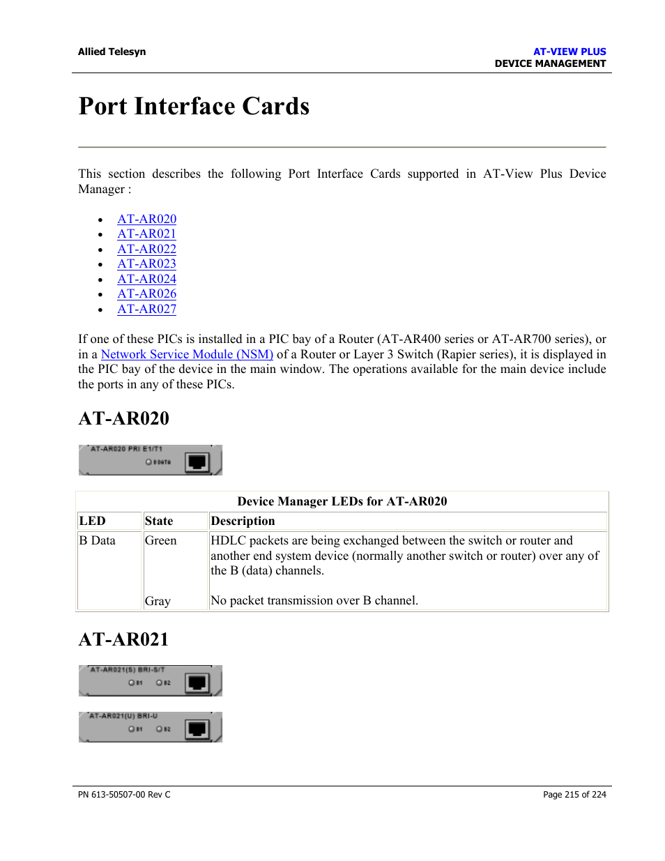 Port interface cards, At-ar020, At-ar021 | Allied Telesis AT-VIEW PLUS 2.3 DEVICE MANAGEMENT User Manual | Page 215 / 224
