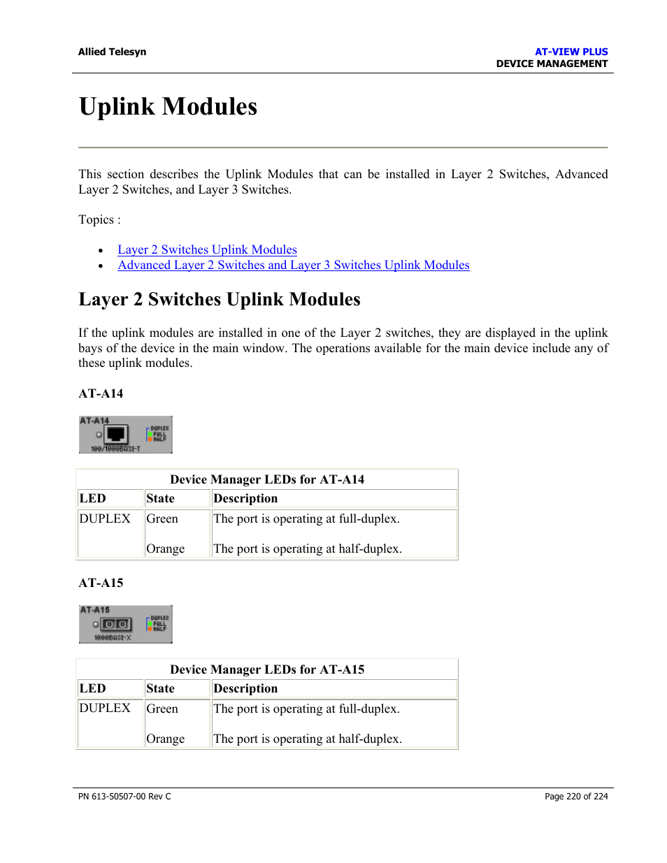 Uplink modules, Layer 2 switches uplink modules | Allied Telesis AT-VIEW PLUS 2.3 DEVICE MANAGEMENT User Manual | Page 220 / 224