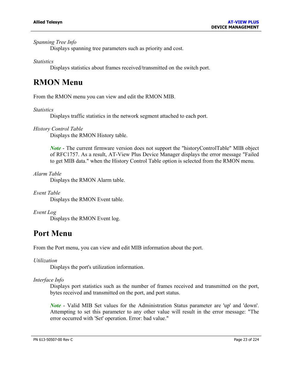 Rmon menu, Port menu | Allied Telesis AT-VIEW PLUS 2.3 DEVICE MANAGEMENT User Manual | Page 23 / 224