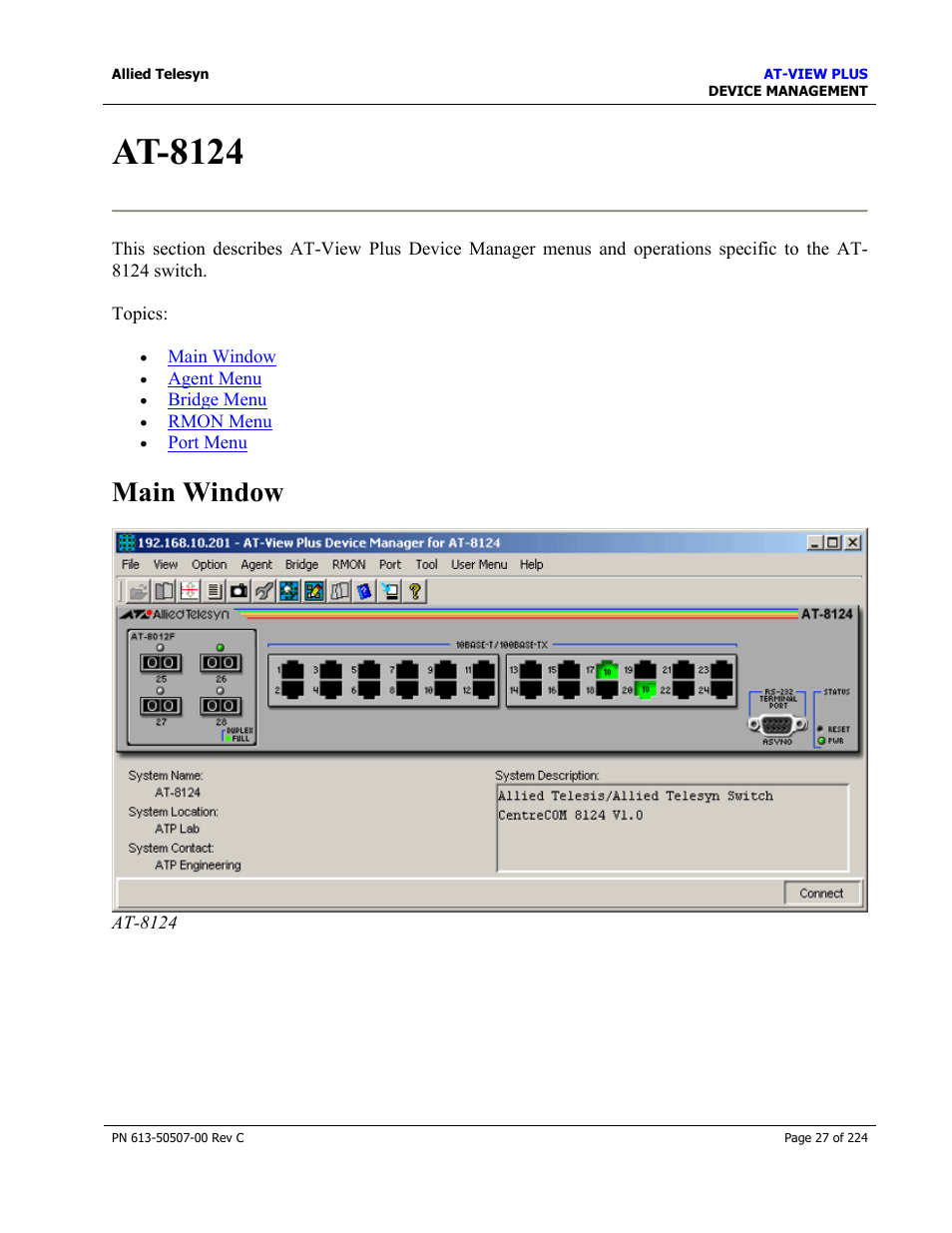 At-8124, Main window | Allied Telesis AT-VIEW PLUS 2.3 DEVICE MANAGEMENT User Manual | Page 27 / 224