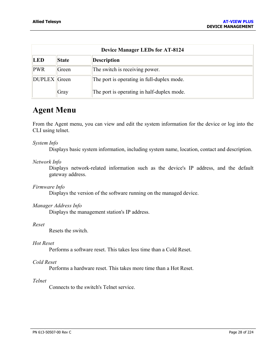 Agent menu | Allied Telesis AT-VIEW PLUS 2.3 DEVICE MANAGEMENT User Manual | Page 28 / 224