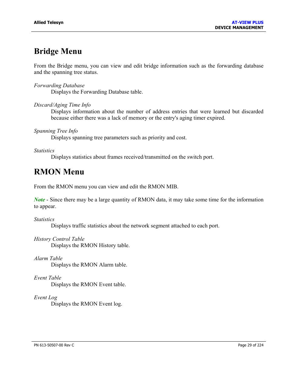 Bridge menu, Rmon menu | Allied Telesis AT-VIEW PLUS 2.3 DEVICE MANAGEMENT User Manual | Page 29 / 224