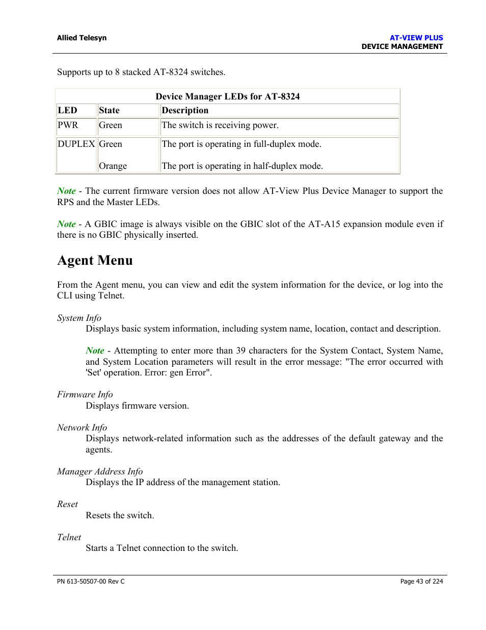 Agent menu | Allied Telesis AT-VIEW PLUS 2.3 DEVICE MANAGEMENT User Manual | Page 43 / 224