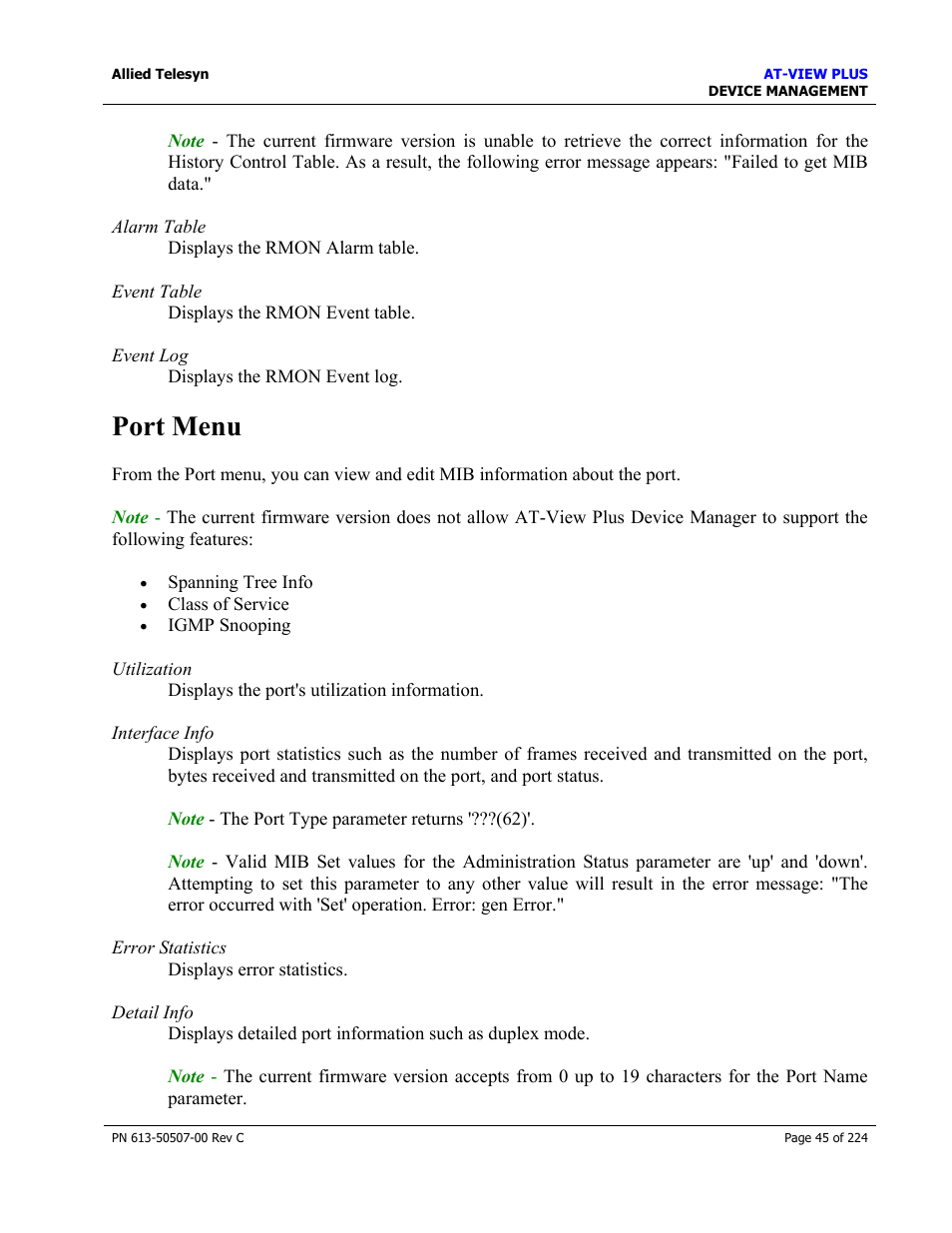 Port menu | Allied Telesis AT-VIEW PLUS 2.3 DEVICE MANAGEMENT User Manual | Page 45 / 224