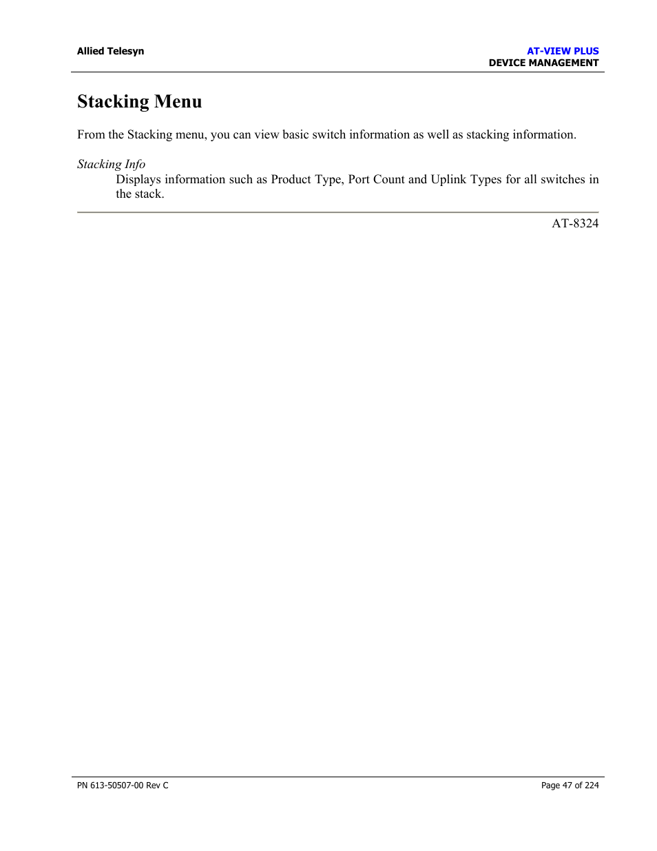 Stacking menu | Allied Telesis AT-VIEW PLUS 2.3 DEVICE MANAGEMENT User Manual | Page 47 / 224