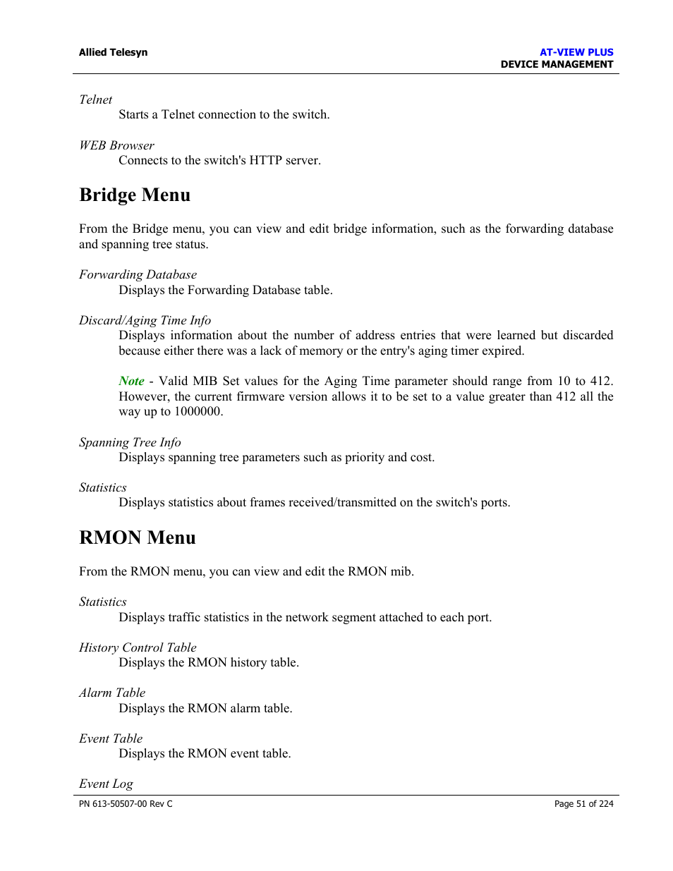 Bridge menu, Rmon menu | Allied Telesis AT-VIEW PLUS 2.3 DEVICE MANAGEMENT User Manual | Page 51 / 224