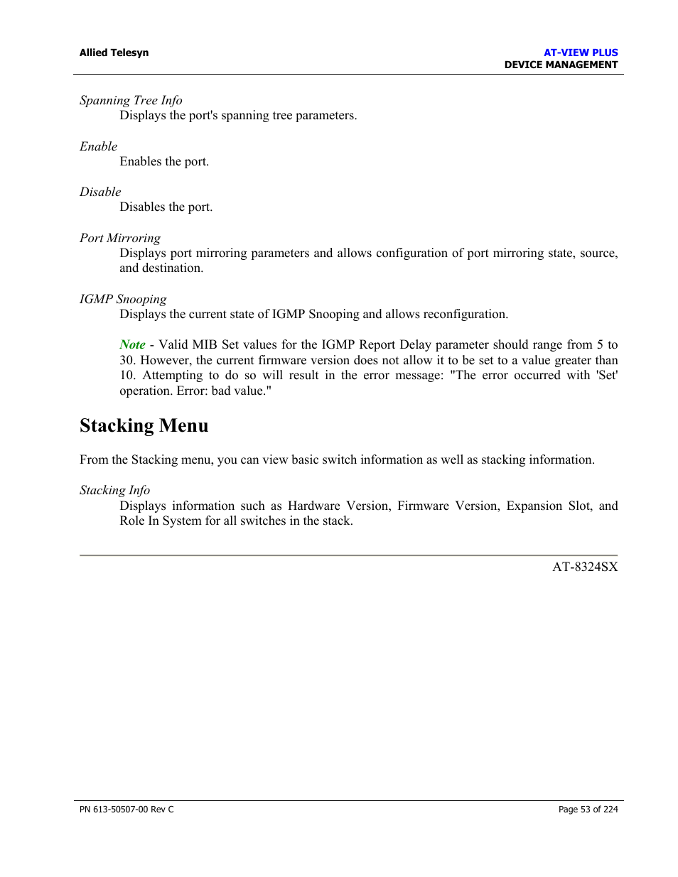 Stacking menu | Allied Telesis AT-VIEW PLUS 2.3 DEVICE MANAGEMENT User Manual | Page 53 / 224