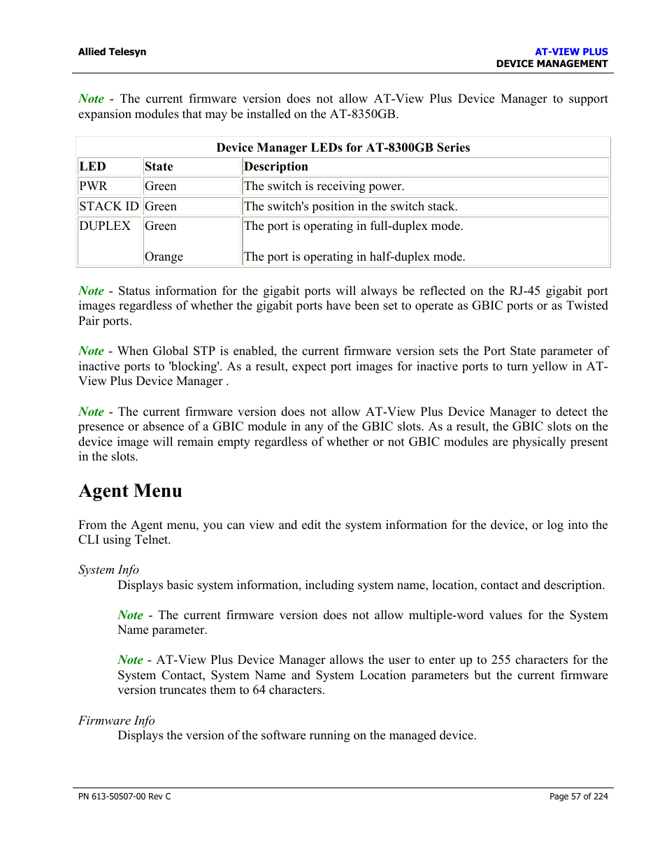 Agent menu | Allied Telesis AT-VIEW PLUS 2.3 DEVICE MANAGEMENT User Manual | Page 57 / 224