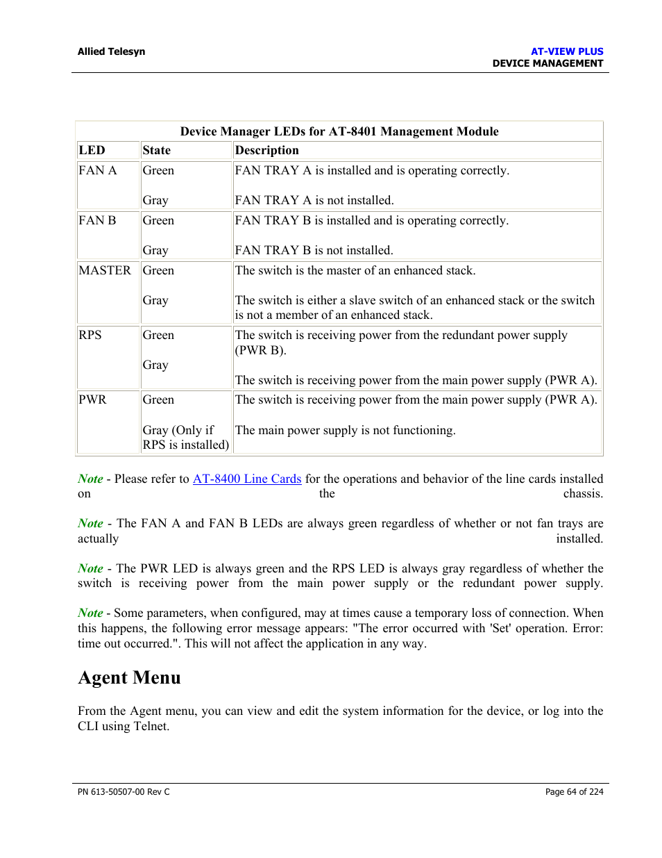 Agent menu | Allied Telesis AT-VIEW PLUS 2.3 DEVICE MANAGEMENT User Manual | Page 64 / 224