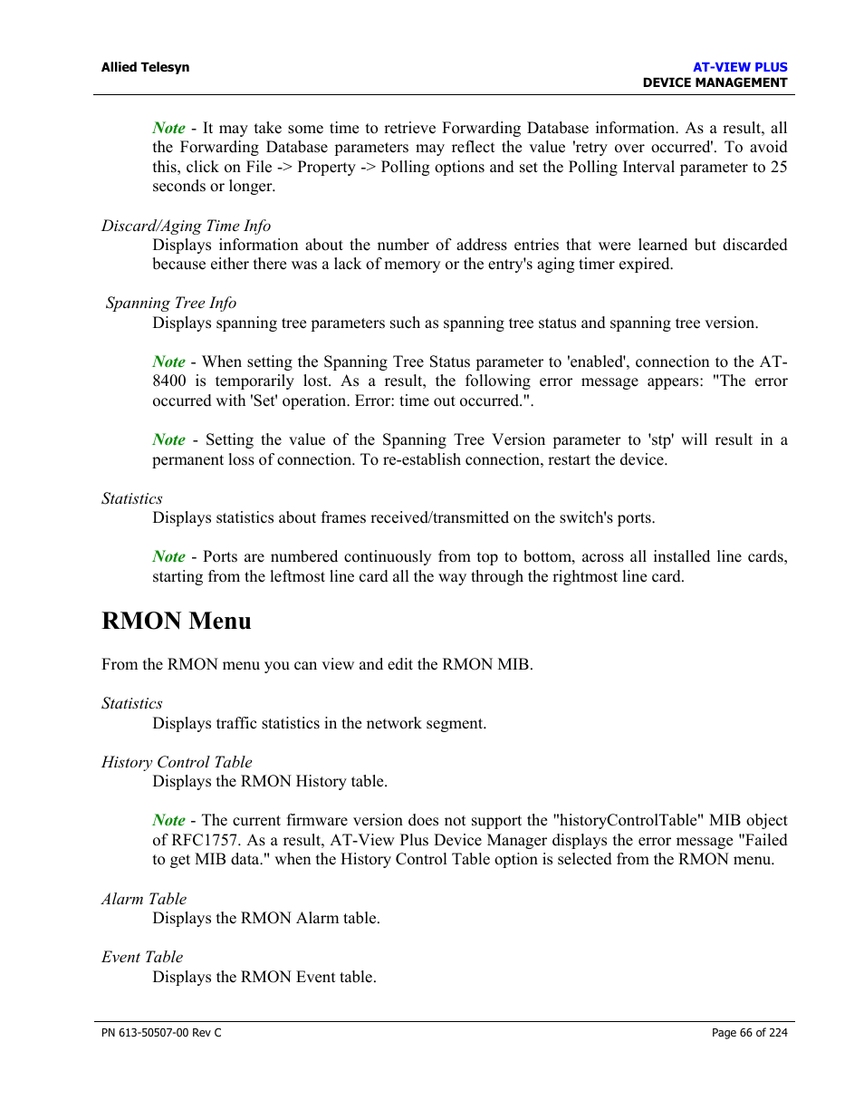 Rmon menu | Allied Telesis AT-VIEW PLUS 2.3 DEVICE MANAGEMENT User Manual | Page 66 / 224