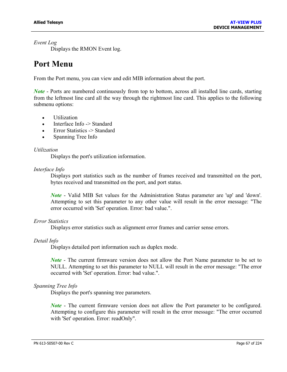 Port menu | Allied Telesis AT-VIEW PLUS 2.3 DEVICE MANAGEMENT User Manual | Page 67 / 224